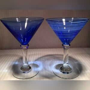 Vintage 6 1/2” Blue Martini Glass With White Spiral- Set of two